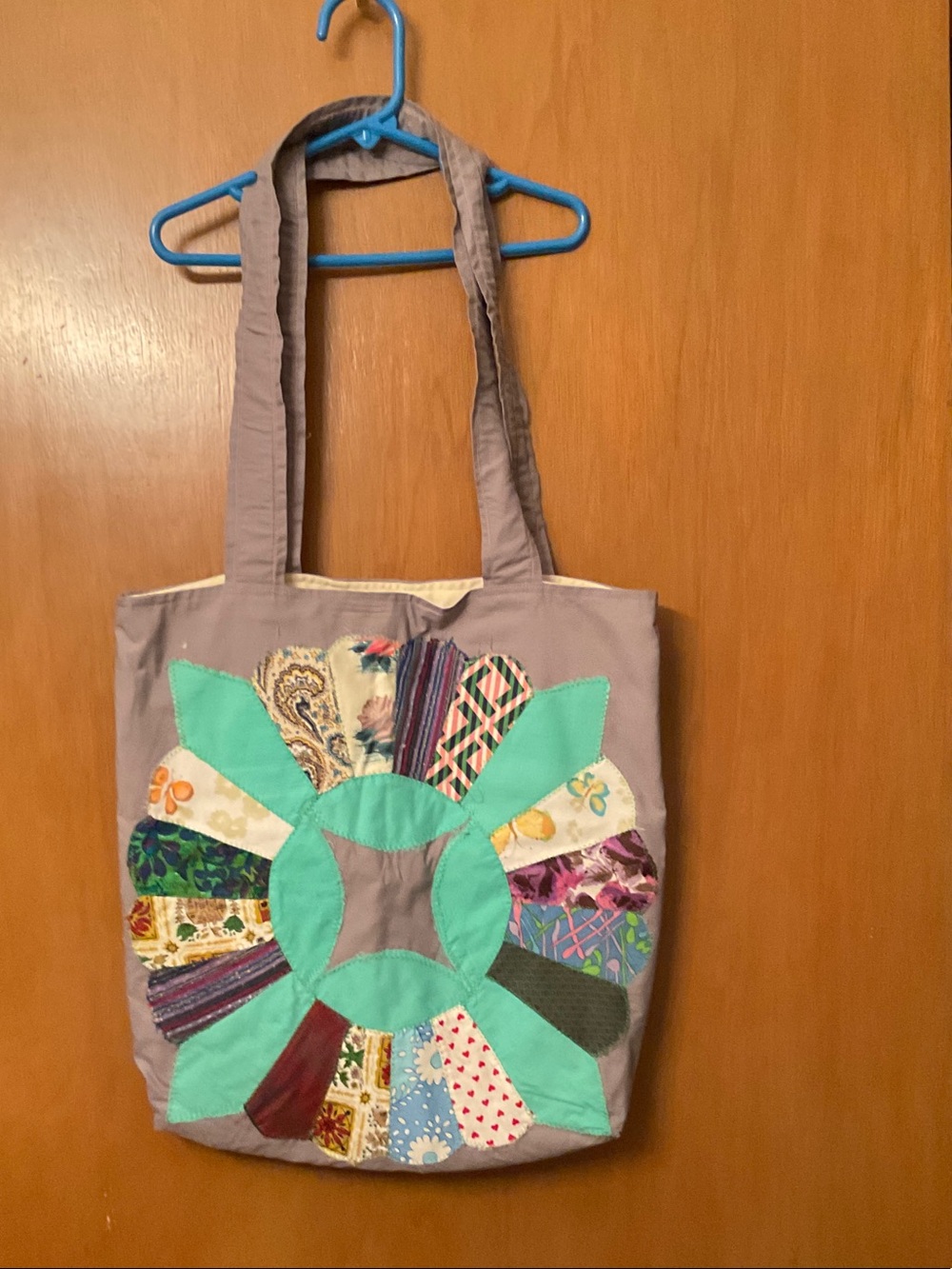 Handmade Patchwork Tote Bag in Lavender and Teal Accents